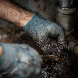 A close-up of a clogged drain and plumber’s gloved hands holding a metal drain snake cable wrapped in a long, thick, dark, and slimy hair clog extracted from a bathroom drain, illustrating the gross reality of drain blockages.